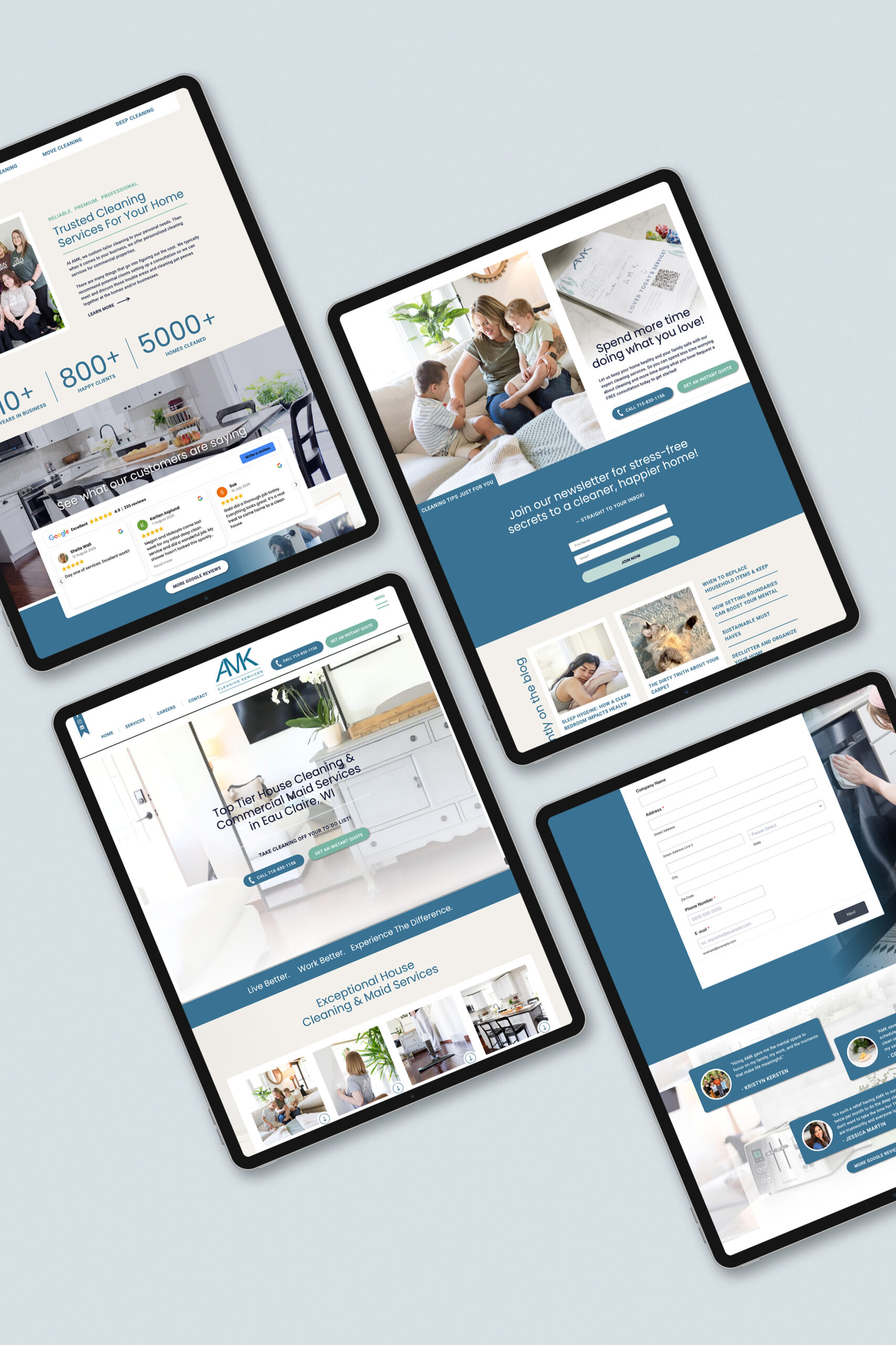 Multiple page of a cool and refreshing custom Showit Website on ipad devices.