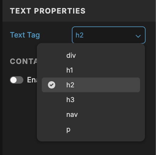SEO basic element example: text tag elements in Showit.