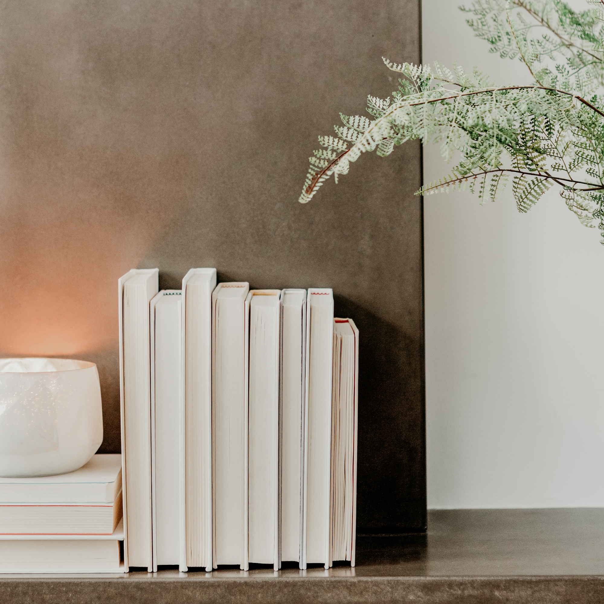 Books stacked under a candle next to a plant.
