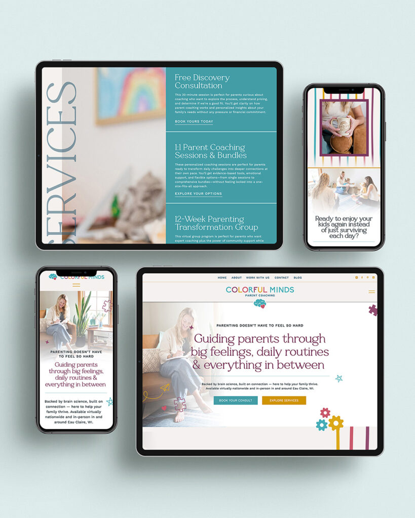 Two ipads and two iphones displaying the Colorful Minds website