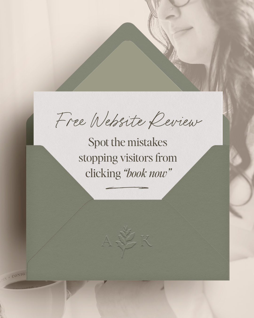 Green envelope with notecard coming out that has the text: "Free Website Review: Spot the mistakes stopping visitors from clicking 'book now.'"