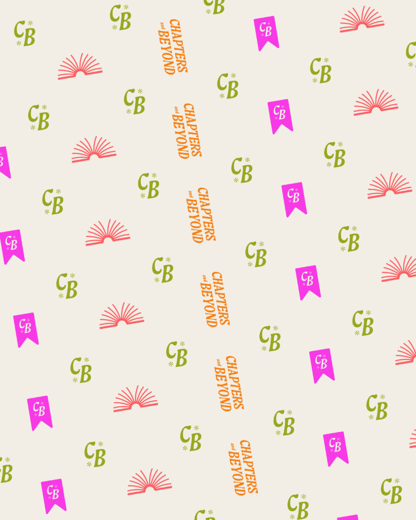 Pattern of brightly colored repeating icons for Chapters and Beyond featuring an open book icon, CB initials icon, CB bookmark icon and the simple text "Chapters and Beyond."