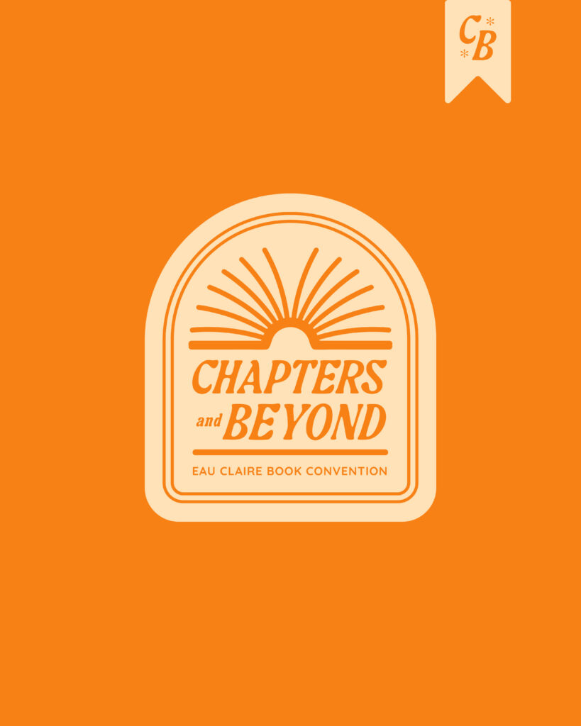 Bright orange Chapters Beyond logo featuring an open book design with the text "Chapters and Beyond. Eau Claire Book Convention."