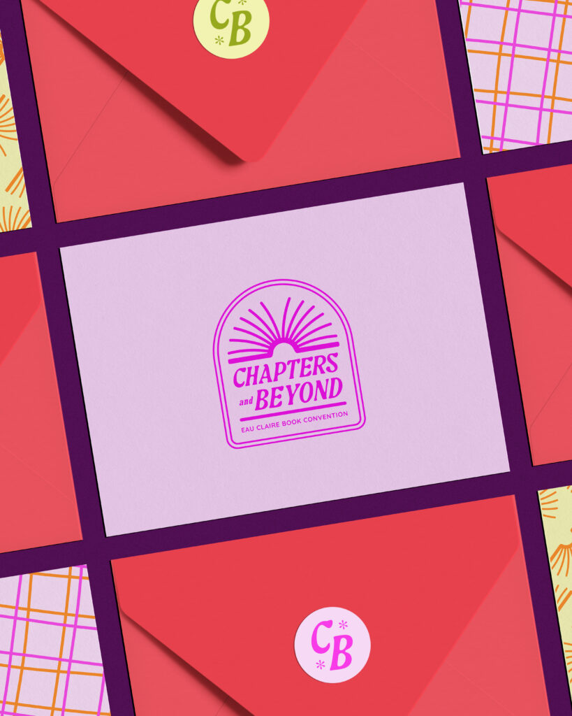 Bright and bold stationary set for Chapters Beyond featuring the Chapters Beyond book open logo as well as a wild wavy line pattern.