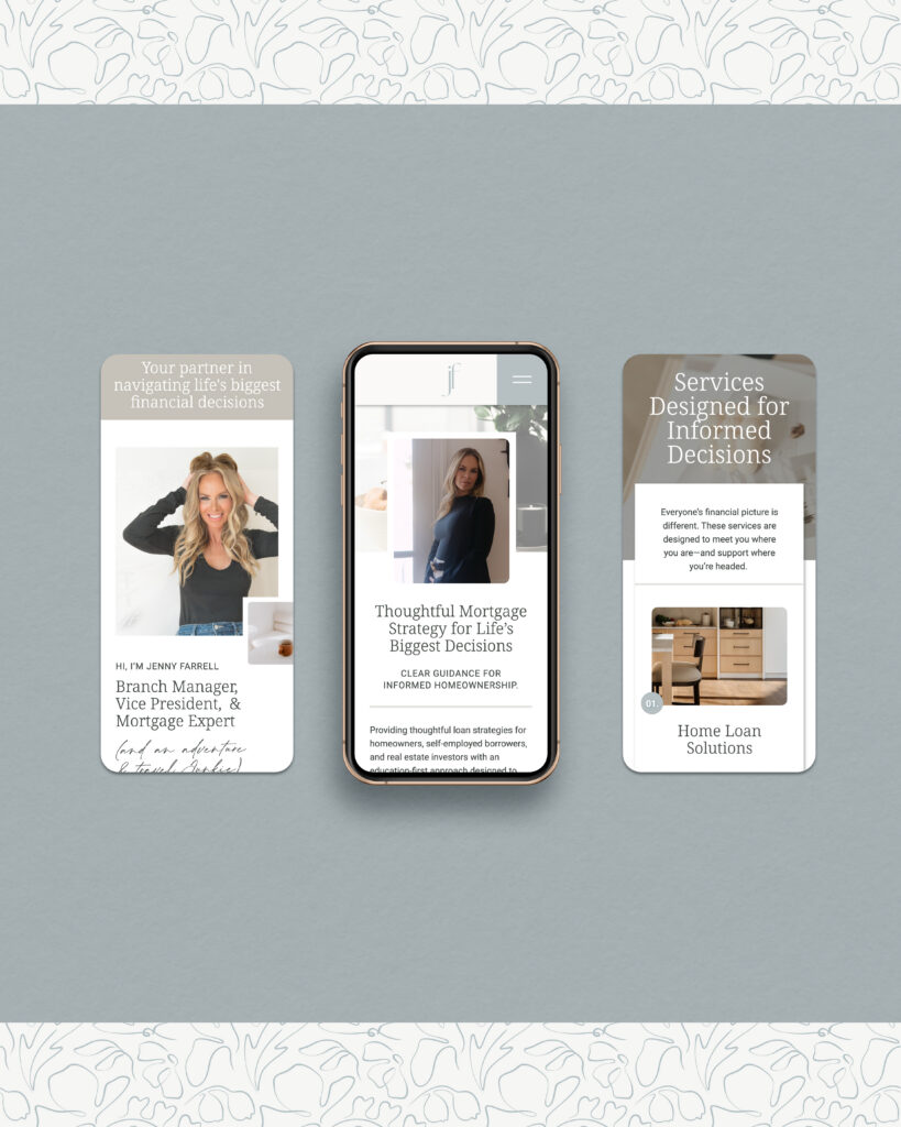 Three parts of Jenny Farrell's mobile website displayed on a blue background featuring a floral pattern.