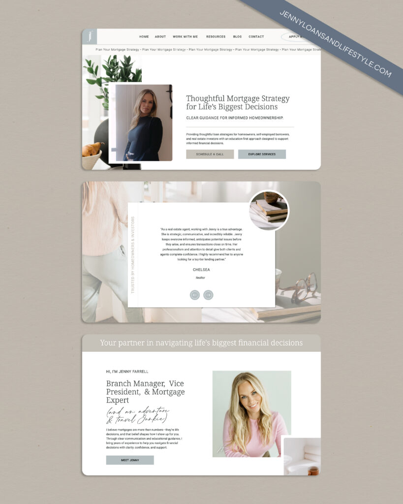 Three pages of Jenny Farrell's modern website displayed in a grid on a tan background.