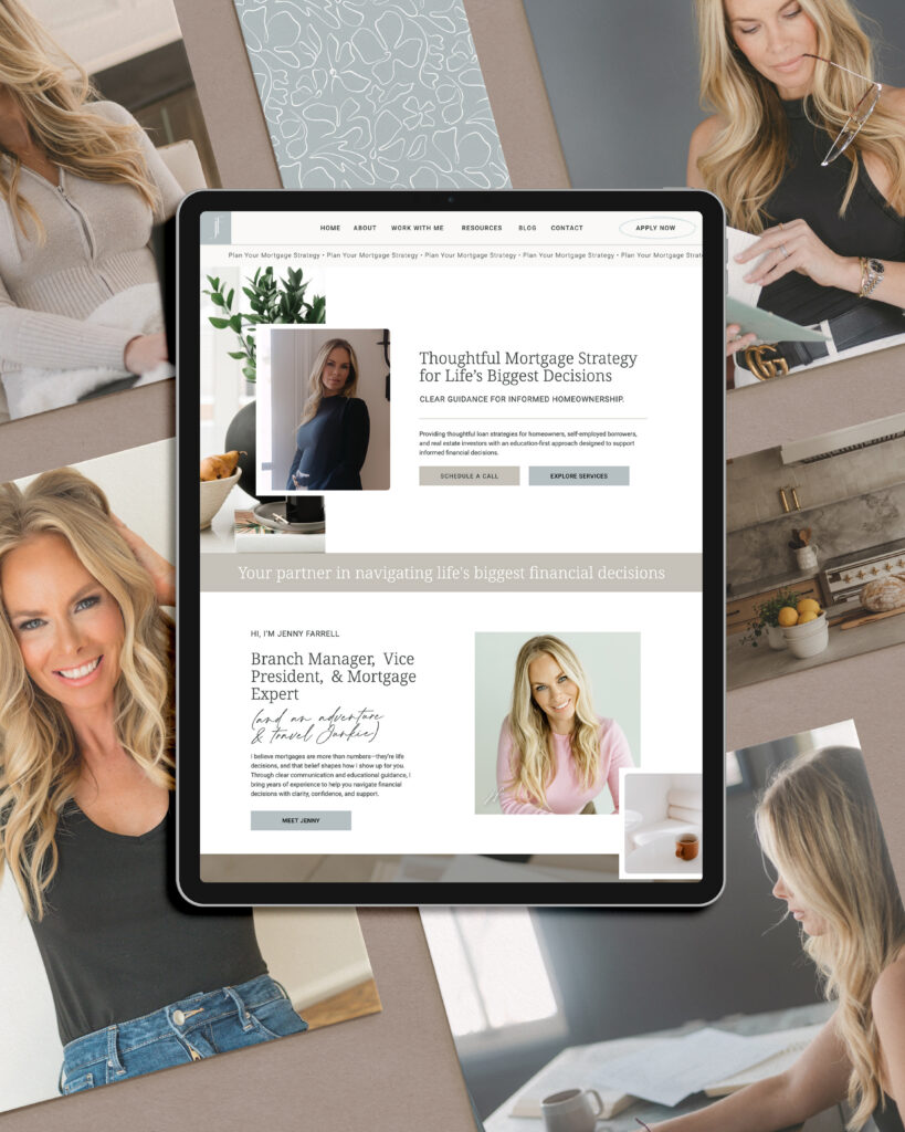 Jenny Farrell's clean and functional website displayed on an ipad sitting on a collaged background featuring images of Jenny.